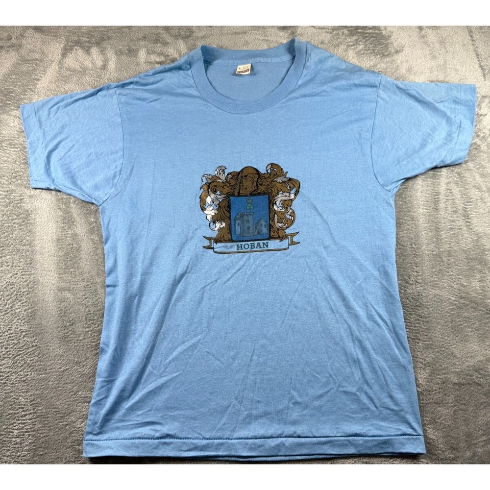 Vintage 80s Hoban Family Crest T-Shirt Large Made in USA Blue Soft Single Stitch